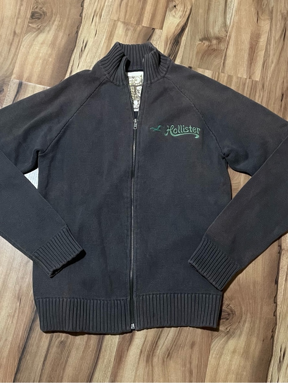 Hollister Dark Gray Full Zip Sweater Jacket Mock Neck Ribbed Knit Y2K S unisex